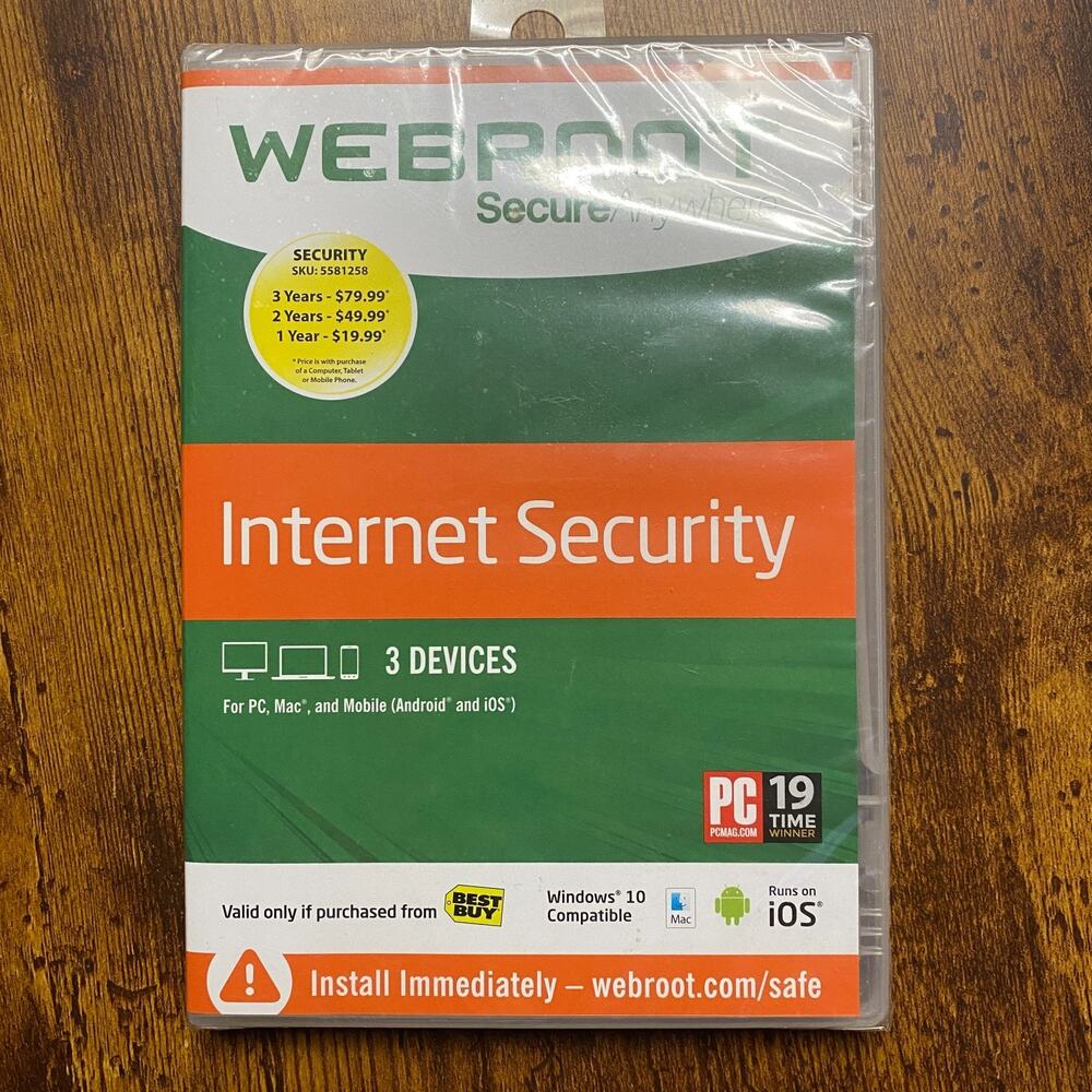 New Webroot Secure Anywhere Internet Security w/ Antivirus Windows 10, 3 Devices